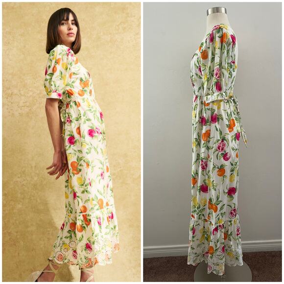 Nobody's Child Isla Fruit Print Midaxi Dress Puff Sleeve Novelty Colorful Size 6 - Picture 3 of 16